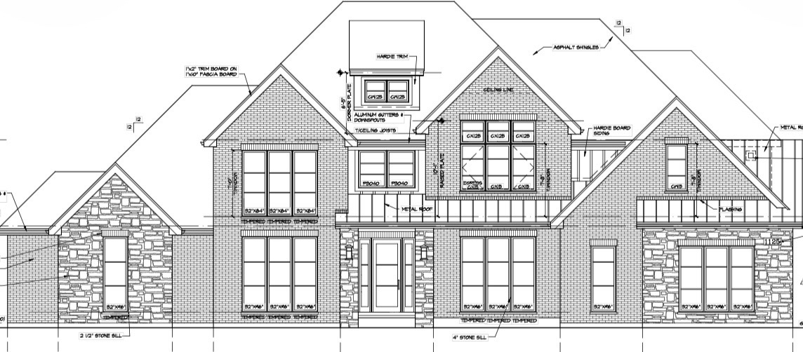 Architectural front elevation drawing of 1125 Georgias Way, New Lenox — a two-story brick and stone home with a dormered roofline